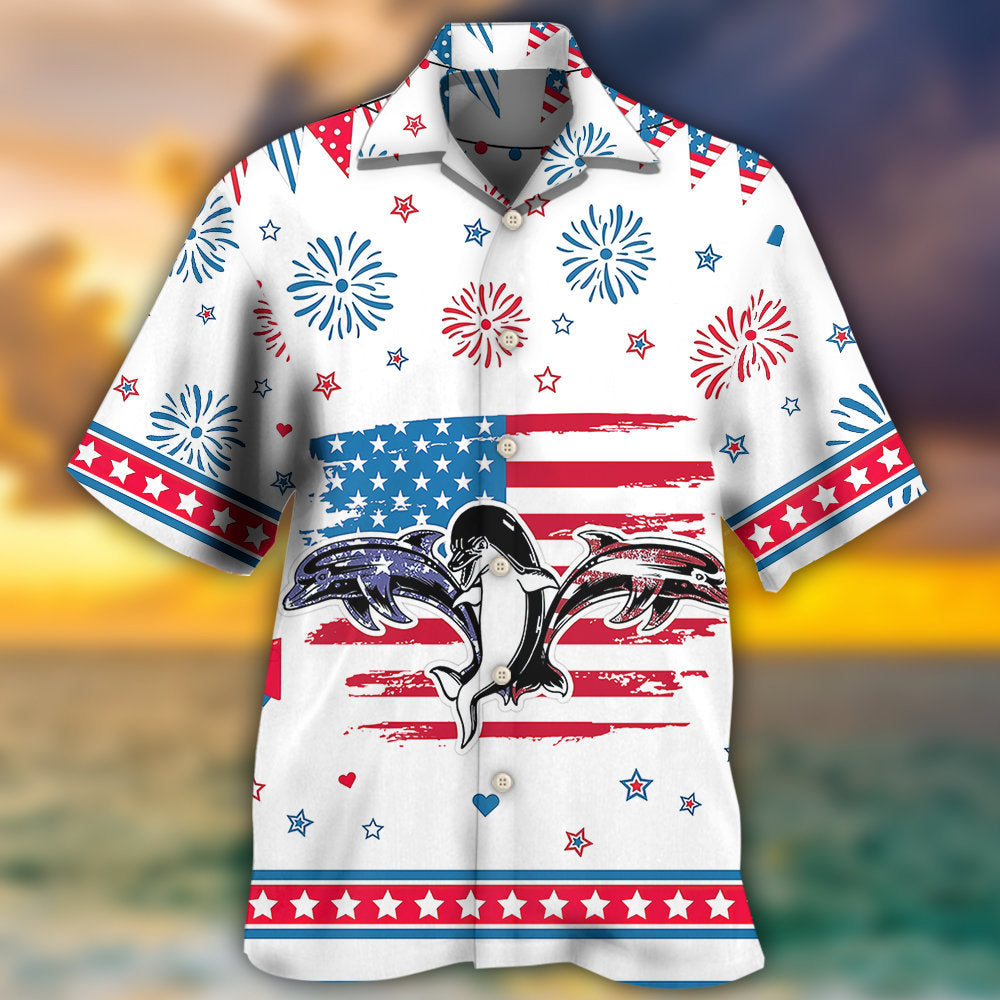 Funny Dolphin Independence Day Hawaiian Shirt Design Detail For Sunny Adventures And Casual Wear