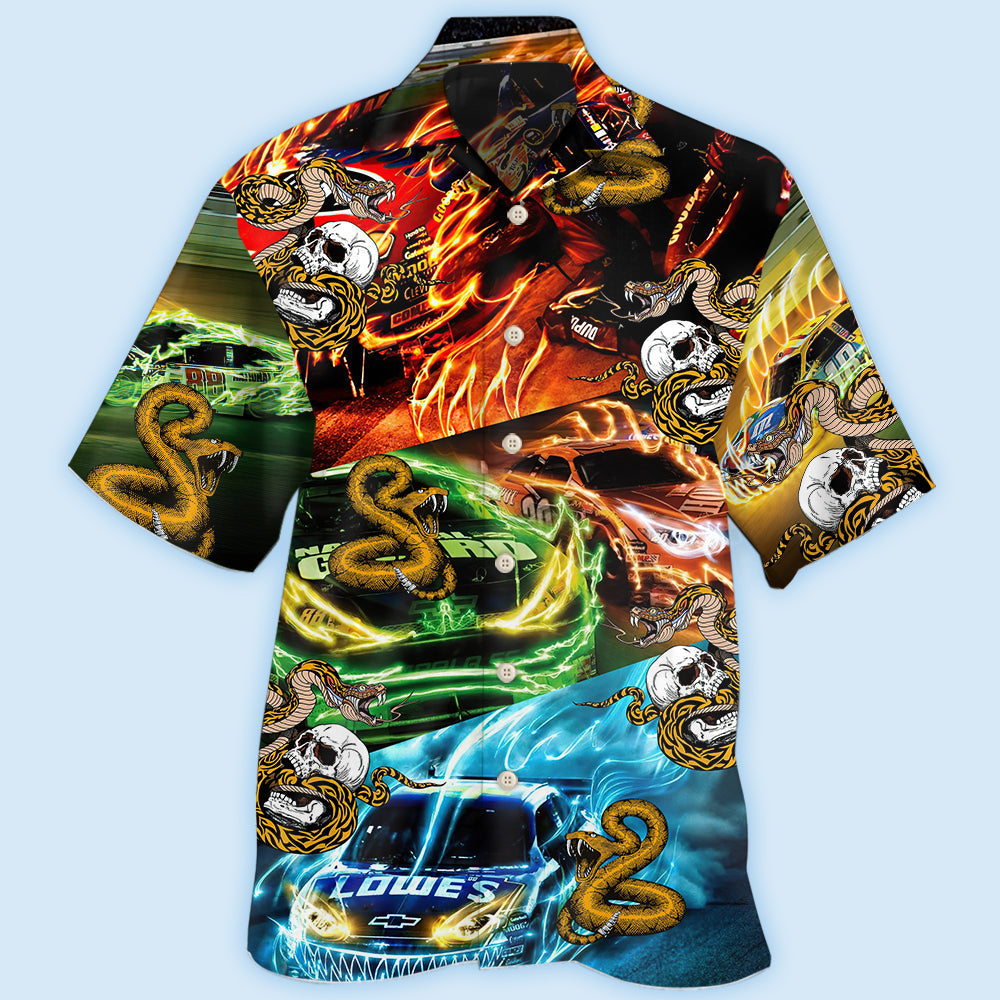 Car Racing Skull Snake Hawaiian Shirt For Island Vacations, Resort Wear, And Relaxed Seasonal Style