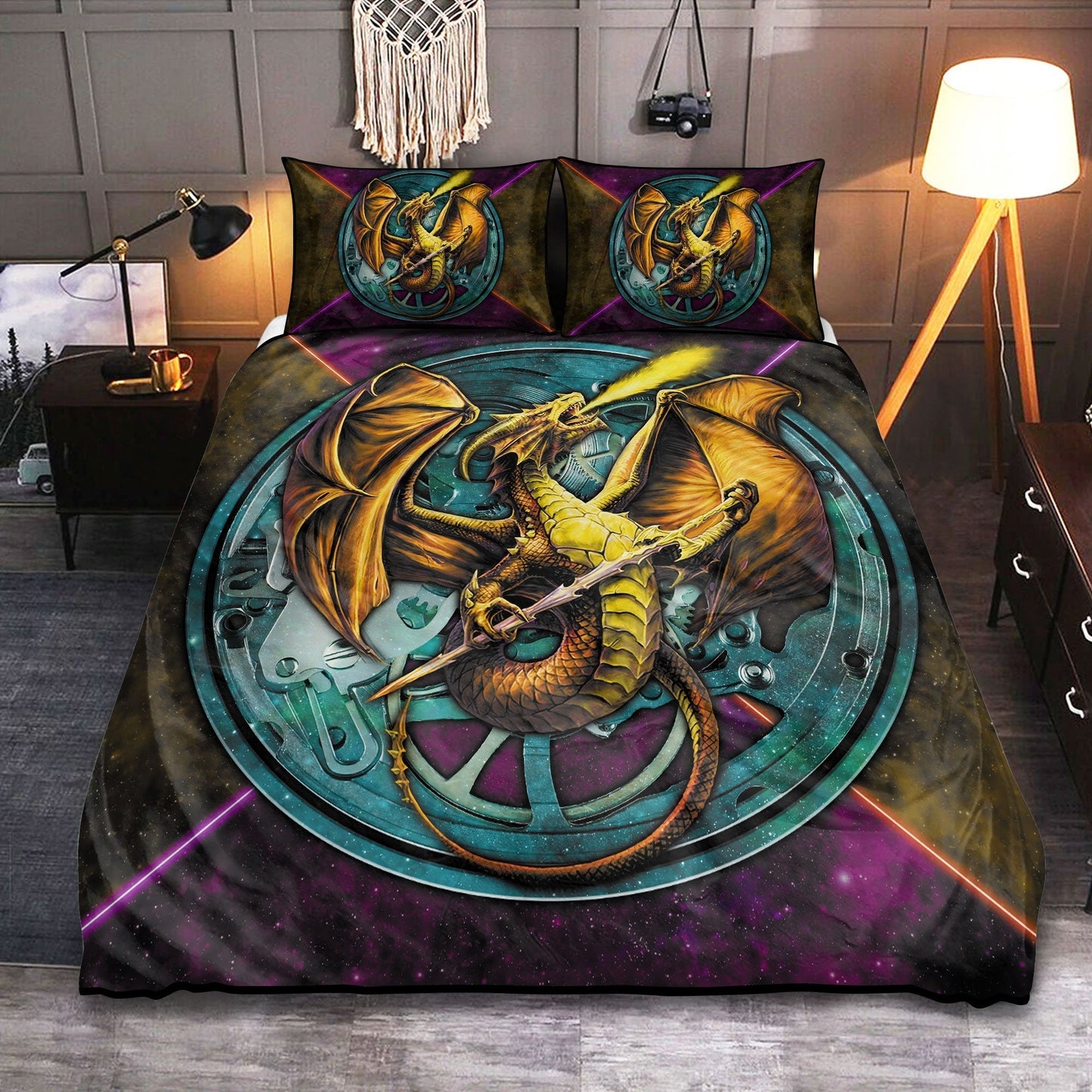 Golden Dragon Night Battle Bedding Cover For Fantasy Bedroom Decor