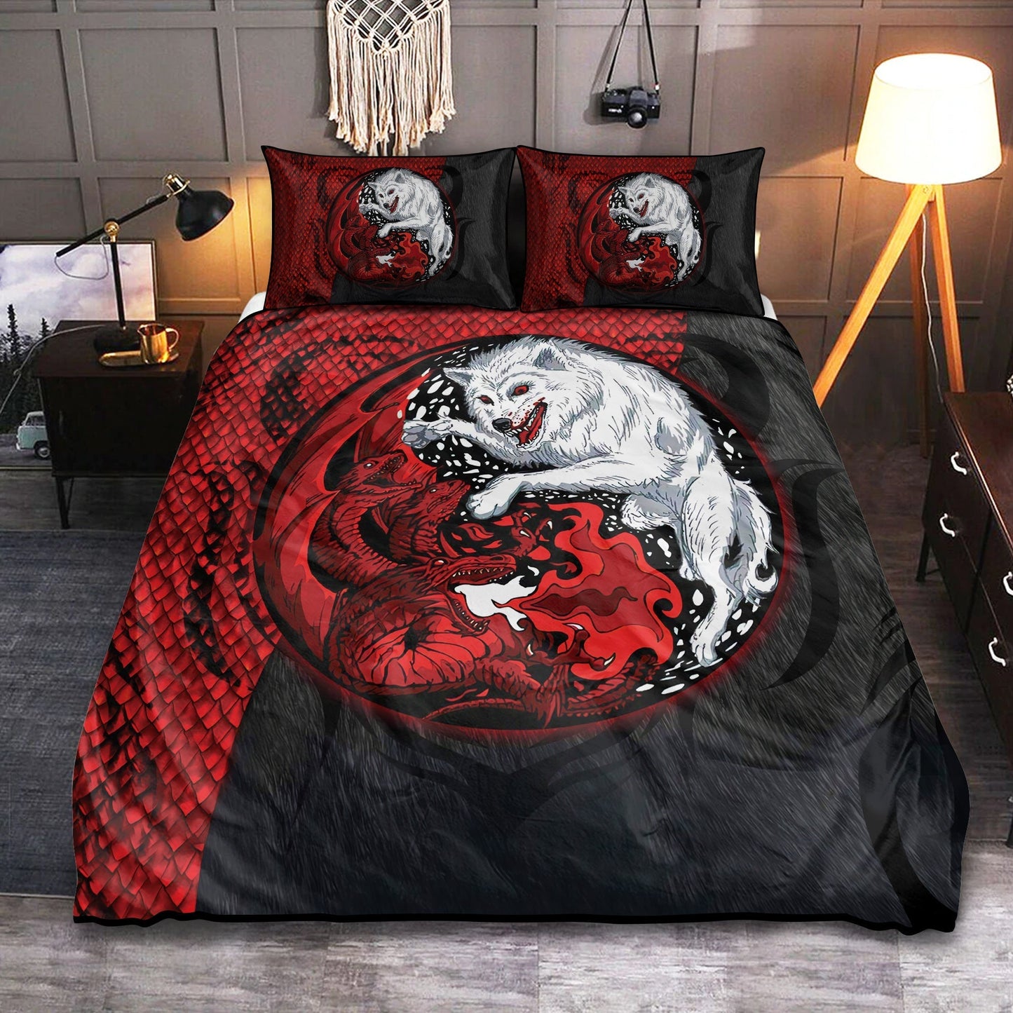 Red And Black Dragon And Wolf Bedding Cover For Fantasy Bedroom Decor