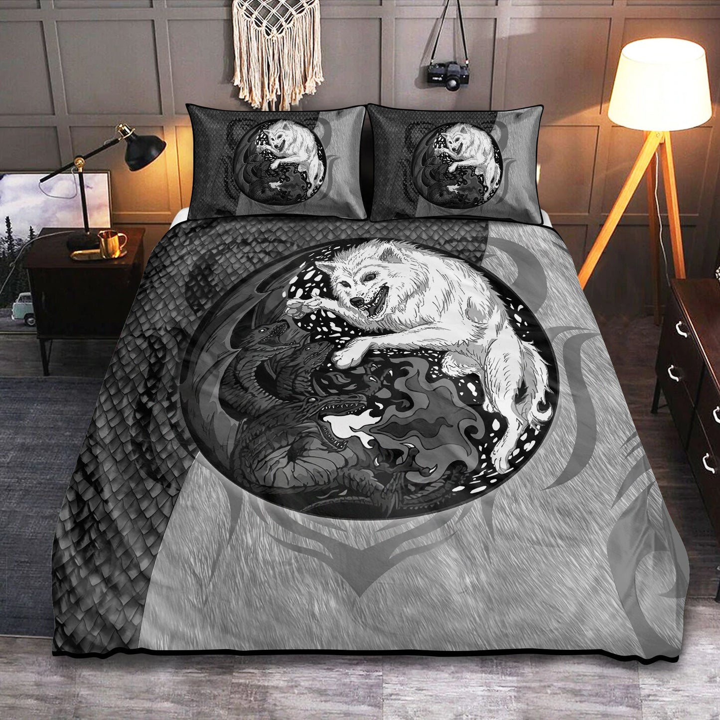 Black And White Dragon And Wolf Bedding Cover For Fantasy Bedroom Decor