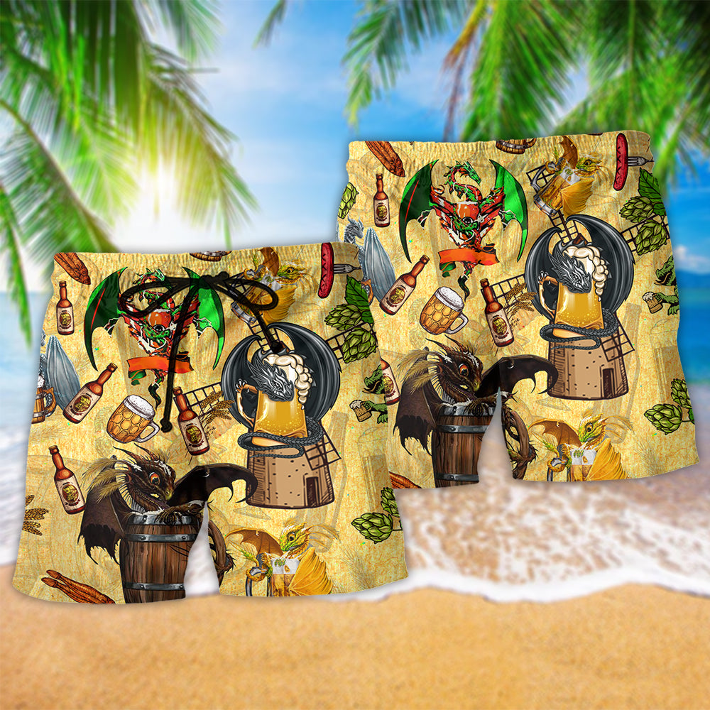Dragon Beer Humor Fantasy Party Beach Shorts Graphic Detail For Resort Trips And Casual Outings