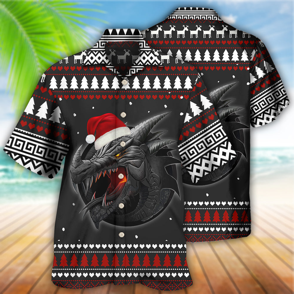 Black Red Dragon Christmas Hawaiian Shirt Artwork Detail For Resort Trips And Outdoor Activities