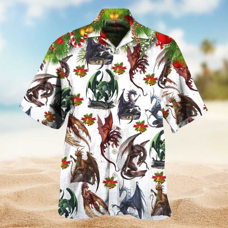 Festive Dragon Christmas Hawaiian Shirt For Summer Vacation, Beach Travel, And Casual Wear