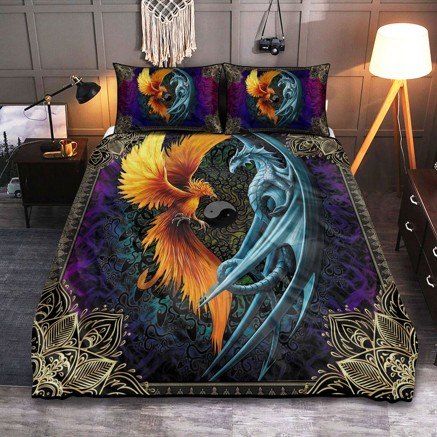 Purple Dragon Phoenix Bedding Cover For Fantasy Bedroom Decor