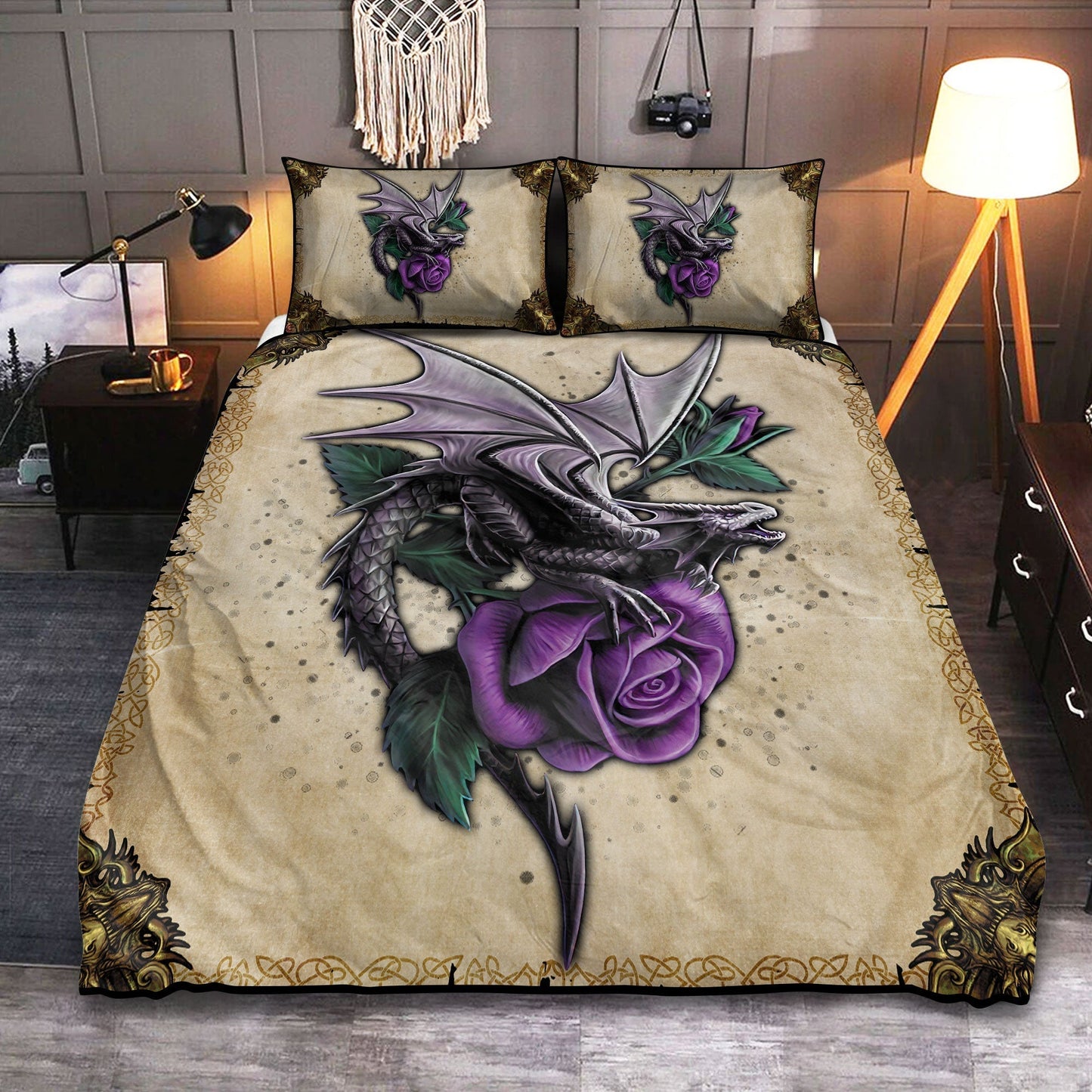 Dragon Violet Rose Bedding Cover For Fantasy Bedroom Decor