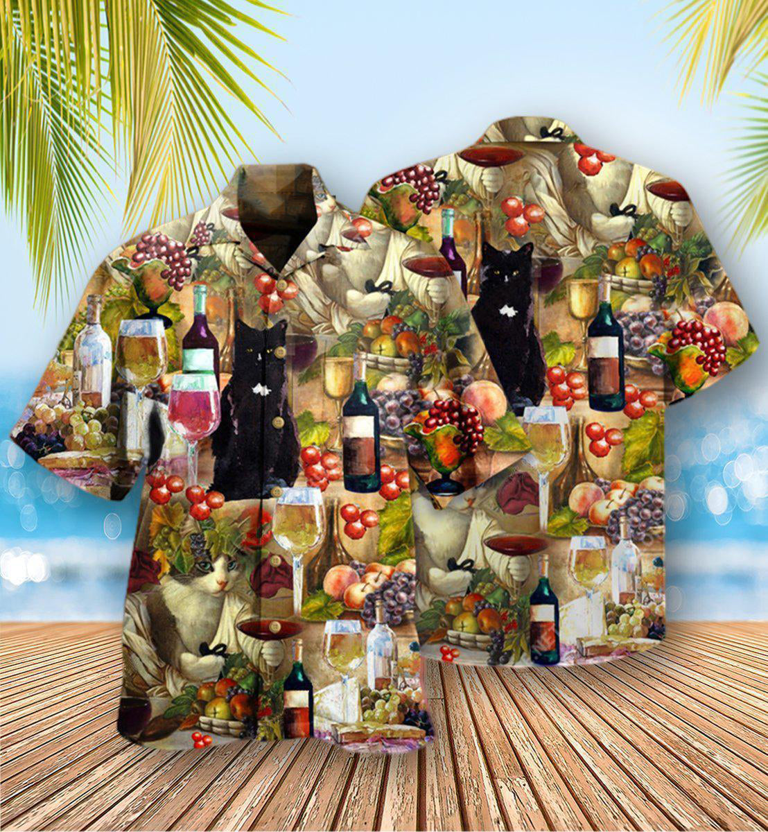 Wine Drinking Feeling Fine Cats Hawaiian Shirt Pattern Detail For Vacation Travel And Daily Wear