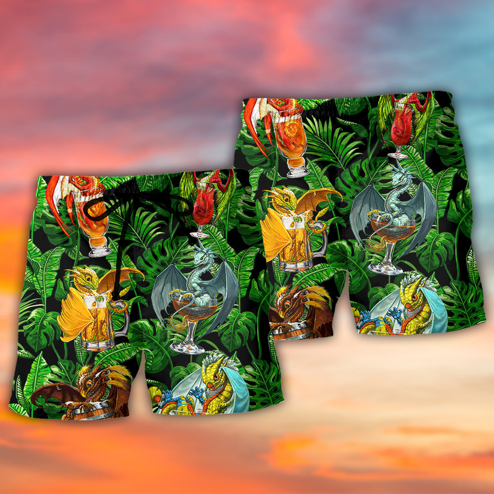 Dragon Drinking Fantasy Humor Beach Shorts Pattern Detail For Sunny Outdoor Activities