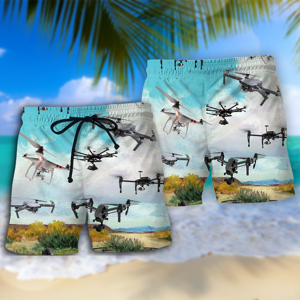Blue Drone Sky Beach Shorts Pattern Detail For Summer Travel And Laid Back Styling