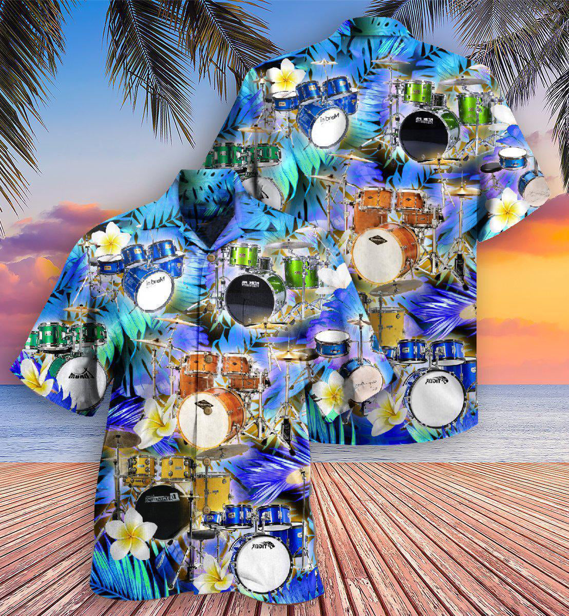 Drum Music Drums Plumerias Hawaiian Shirt Design Detail For Beach Days And Holiday Travel