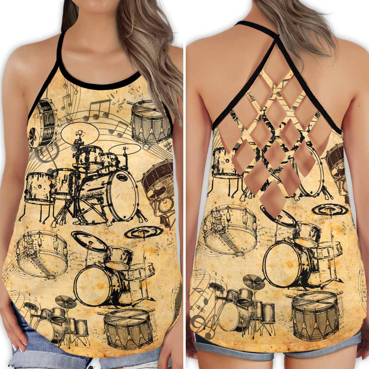 Drum Vintage Music Hollow Tank Top For Studio Practice And Festival Wear