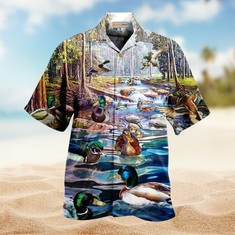 Ducks Lake Fly Hawaiian Shirt For Summer Vacation, Beach Travel, And Casual Wear
