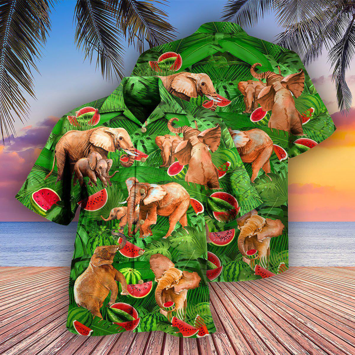 Green Elephant And Watermelon Hawaiian Shirt With Detailed Graphic For Island Trips Summer Gatherings And Comfortable Daily