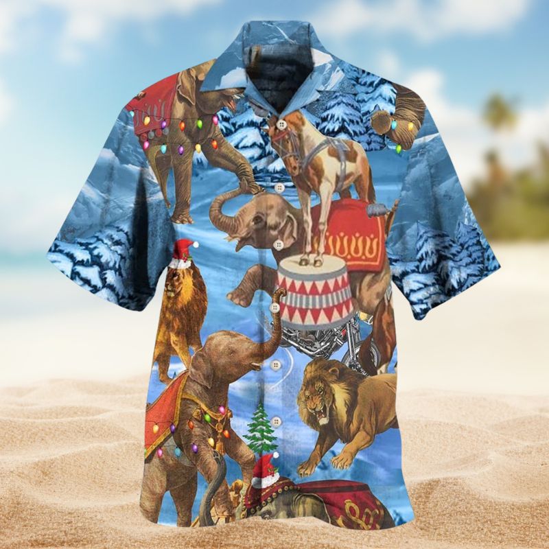 Elephant Circus Christmas Hawaiian Shirt For Island Vacations, Resort Wear, And Relaxed Seasonal Style