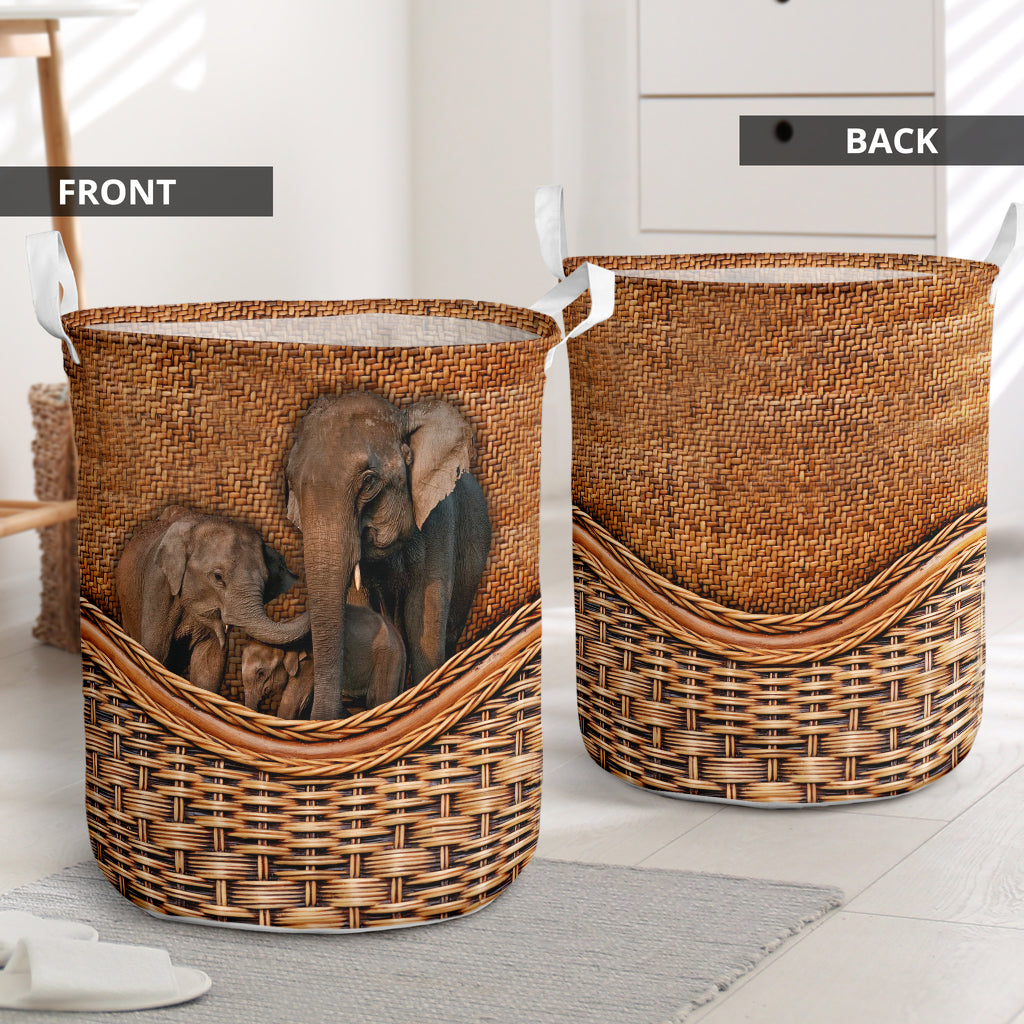 Elephant Family Rattan Texture Laundry Basket For Room Home Organizer
