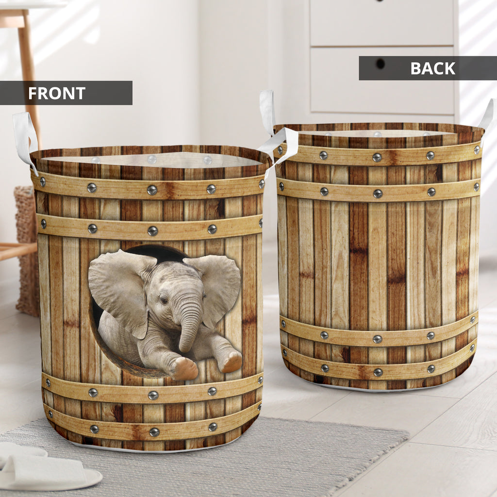 Elephant Wooden Barrel Laundry Basket For Room Home Organizer