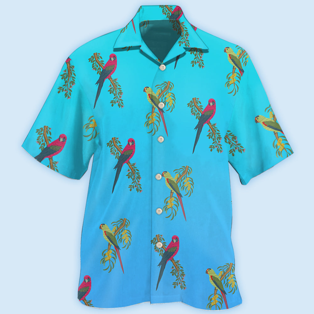 Creative Parrot Blue Hawaiian Shirt For Coastal Travel, Casual Events, And Comfortable Summer Wear
