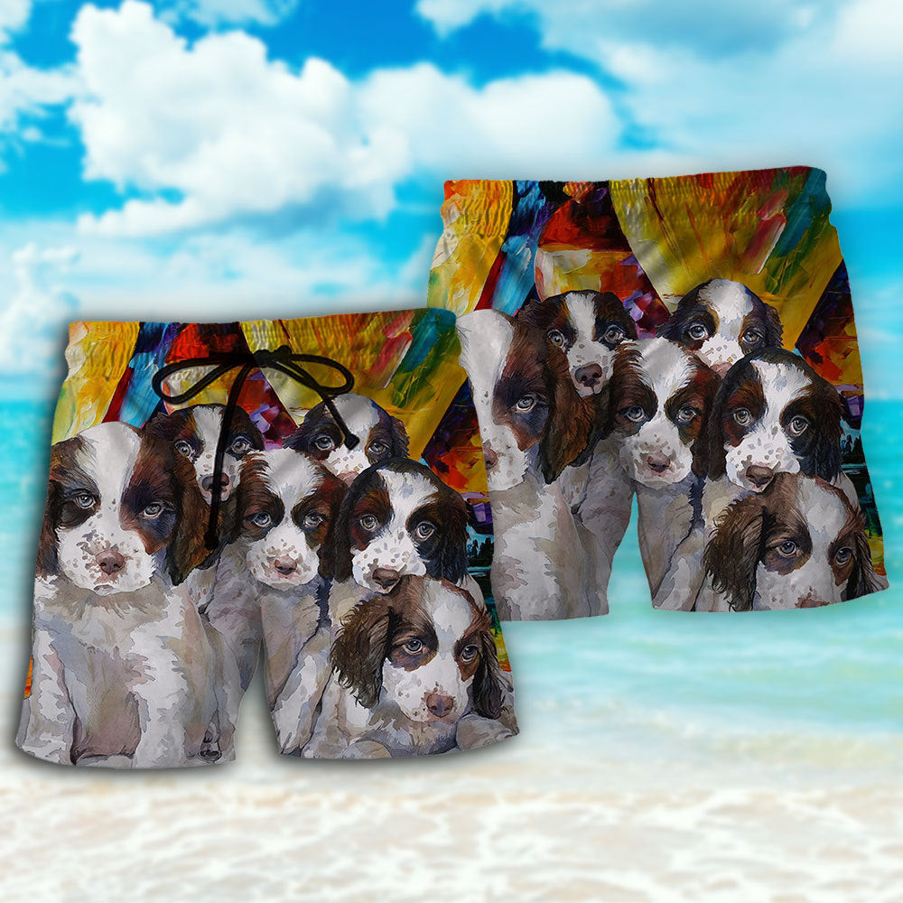 English Springer Spaniel Art Dog Beach Shorts Artwork Detail For Comfortable Everyday Summer Wear