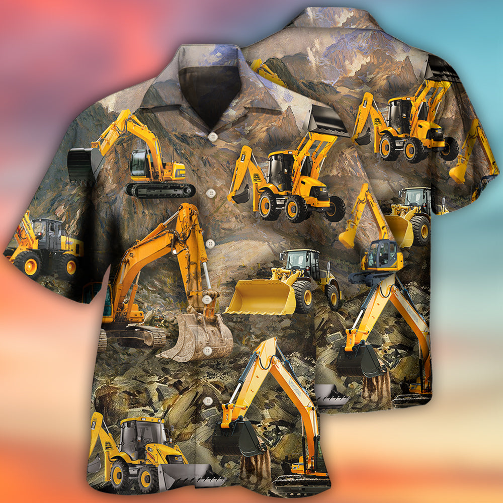 Excavator Construction Heavy Equipment Hawaiian Shirt Front Pattern View For Casual Outings