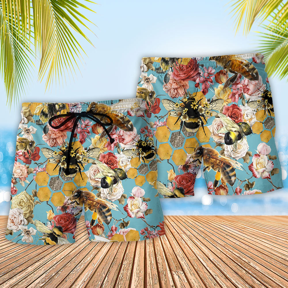 Bee Rose Floral Beach Shorts Pattern Detail For Casual Outings And Bright Summer Outfits
