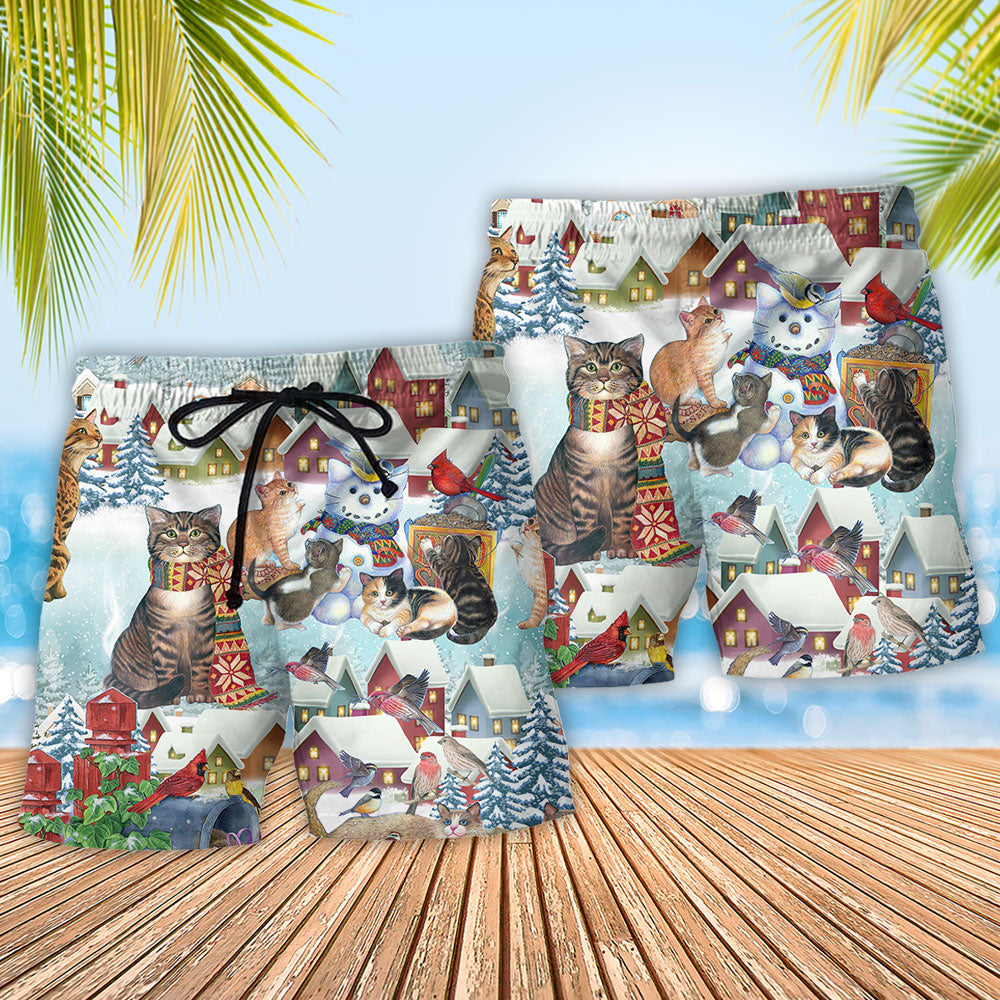 Winter Cat Bird Snow Beach Shorts Pattern Detail For Leisure Travel And Casual Outdoor Comfort