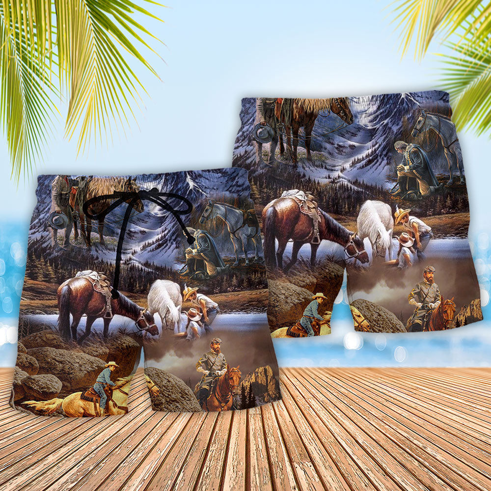 Cowboy Mountain Sunset Beach Shorts Pattern Detail For Seaside Leisure And Casual Outdoor Comfort