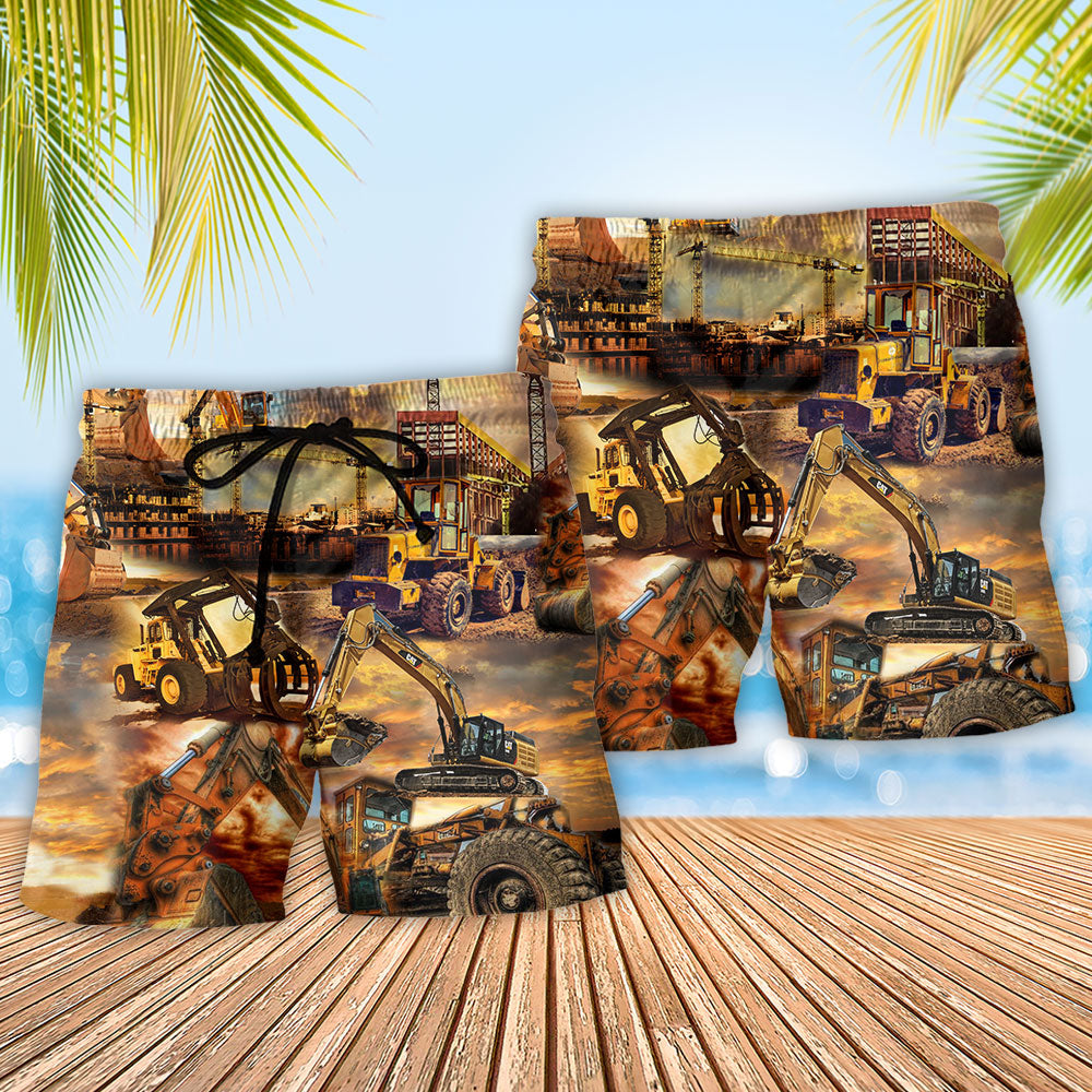 Construction Crane Sunset Beach Shorts Pattern Detail For Coastal Leisure And Vacation Ready Style