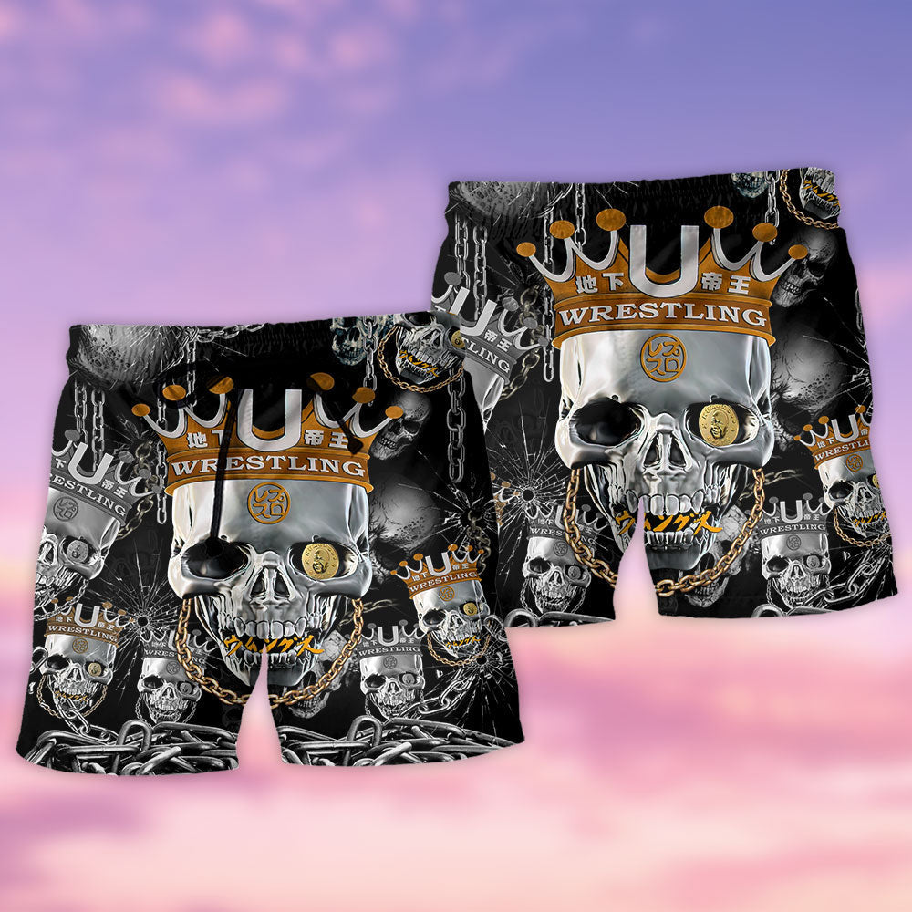 Skull Wrestling Chain Beach Shorts Artwork Detail For Casual Warm Weather Outfits