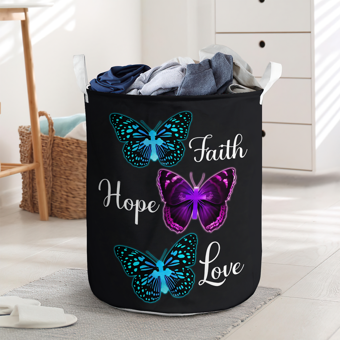 Faith Hope Love Butterfly 2 Laundry Basket For Bathroom Bedroom Storage