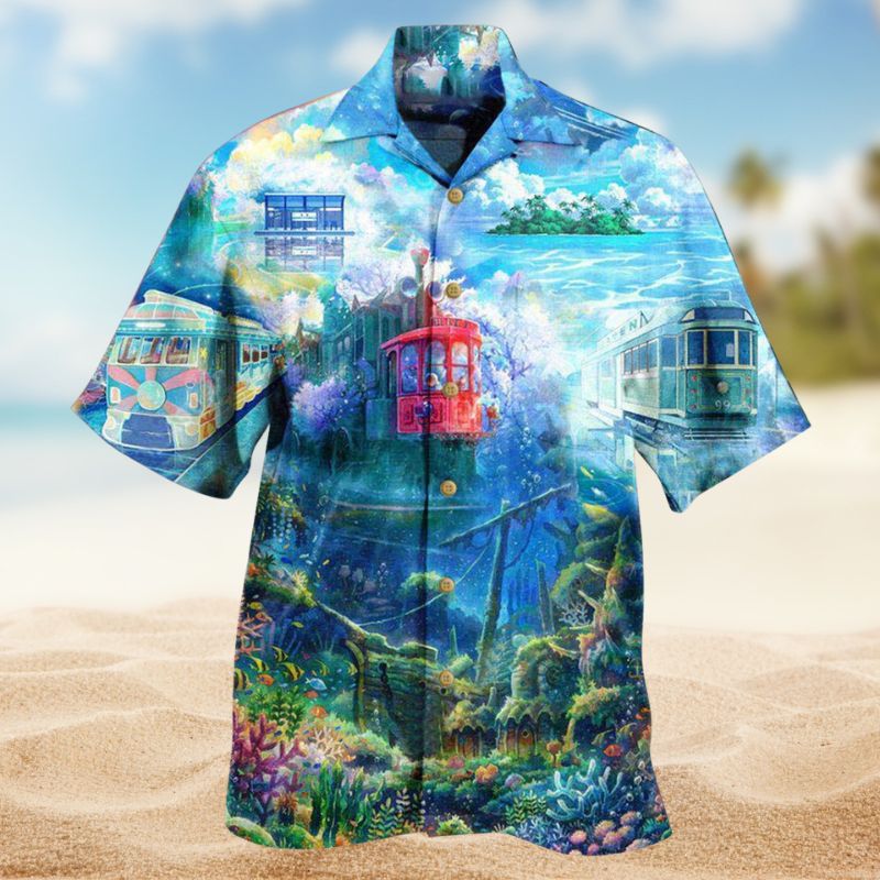 Fantasy Train On The Ocean Hawaiian Shirt For Summer Events Artistic Themes And Relaxed Casual Style