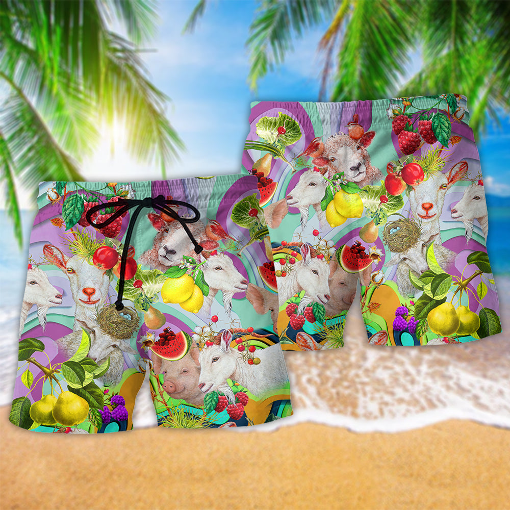 Farm Family With Fruit Cheerful Beach Shorts Pattern Detail For Relaxed Warm Weather Outfits