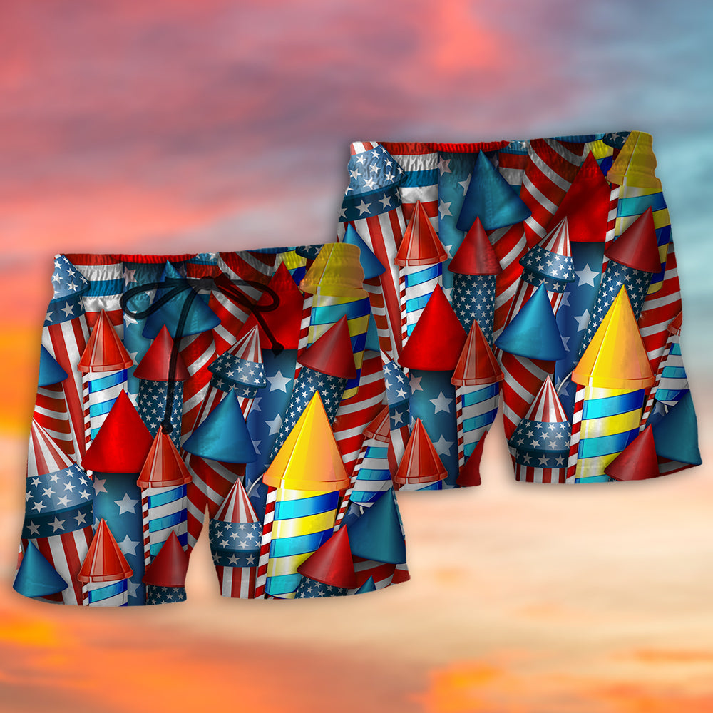 Colorful Fireworks Independence Day Beach Shorts Artwork Detail For Comfortable Everyday Summer Wear