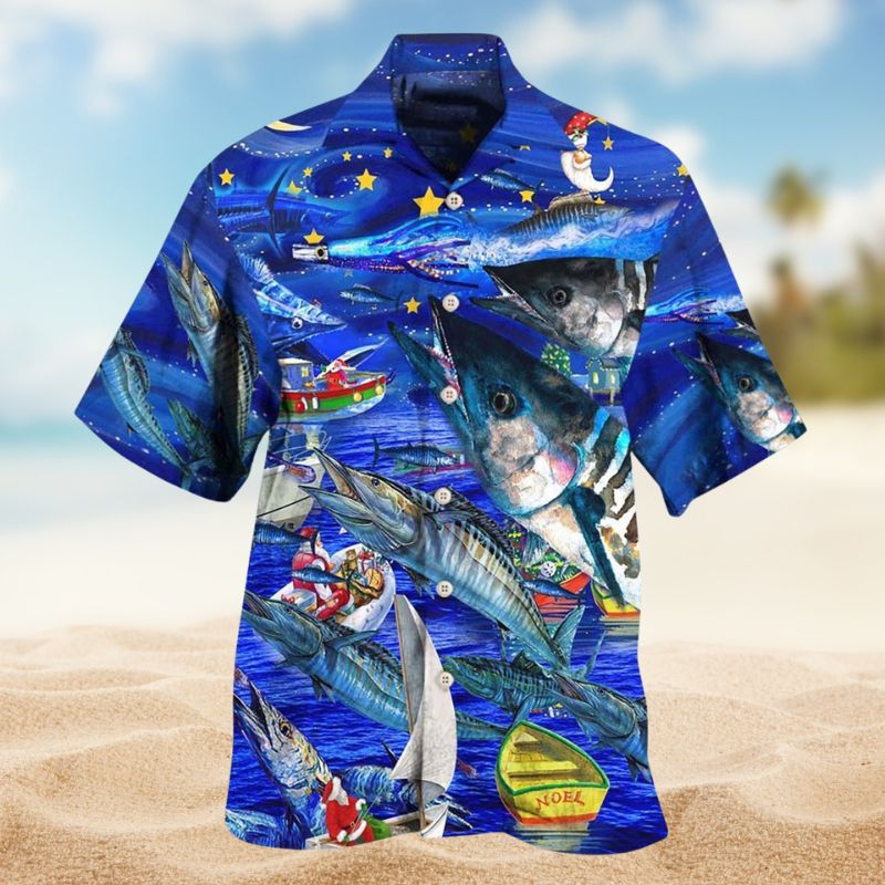 Fish Ocean Blue Christmas Hawaiian Shirt For Holiday Parties, Tropical Vacations, And Festive Gift Giving