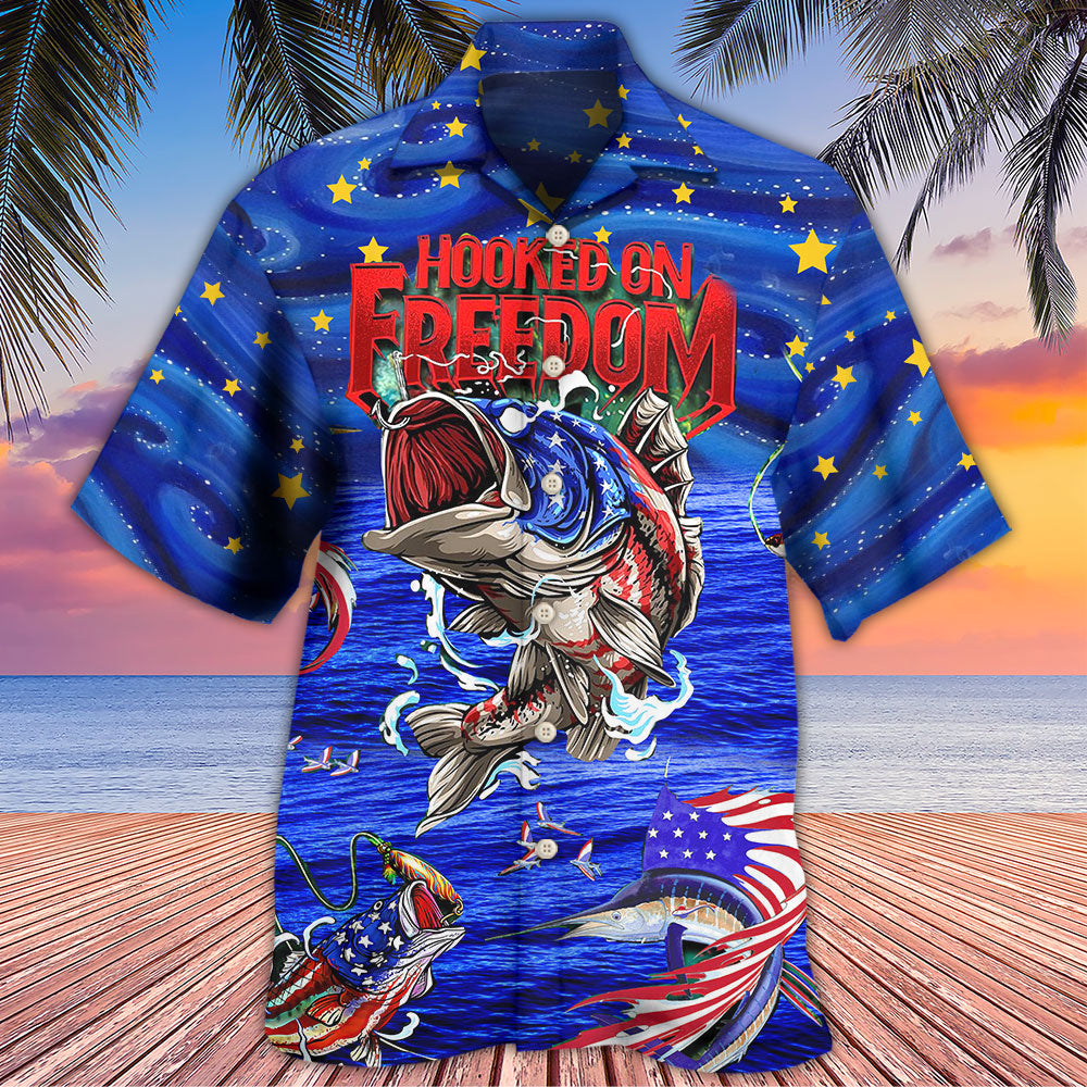 Blue Fishing Hooked Freedom Night Hawaiian Shirt For Summer Events And Casual Outdoor Wear