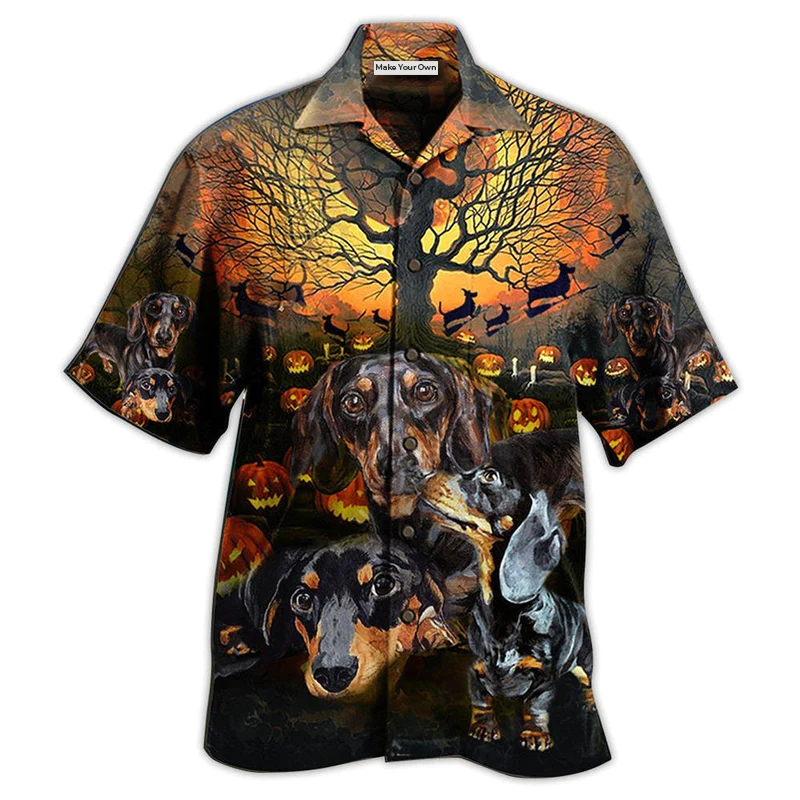 Dachshund Halloween Night Pumpkin Hawaiian Shirt For Beach Parties And Weekend Getaways