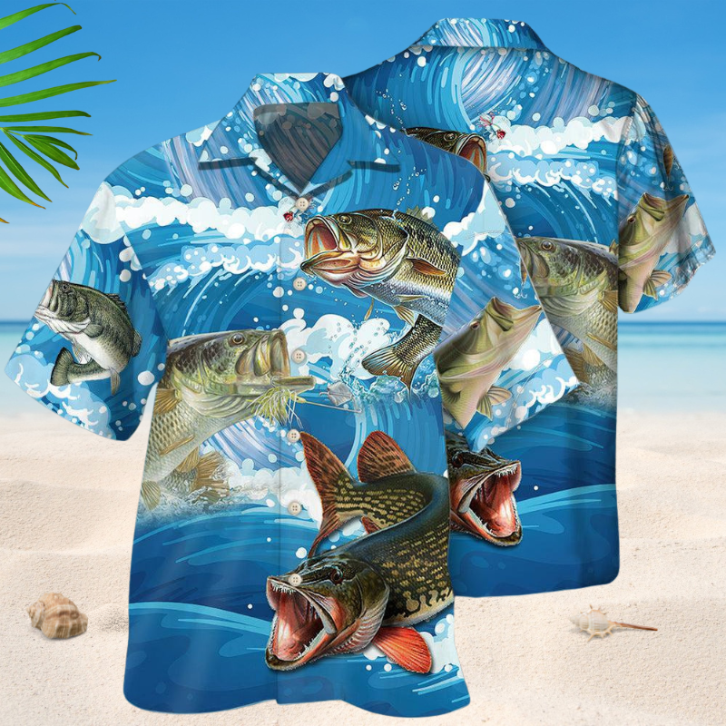 Fishing Blue Wave Hawaiian Shirt For Summer Vacation, Beach Travel, And Casual Wear