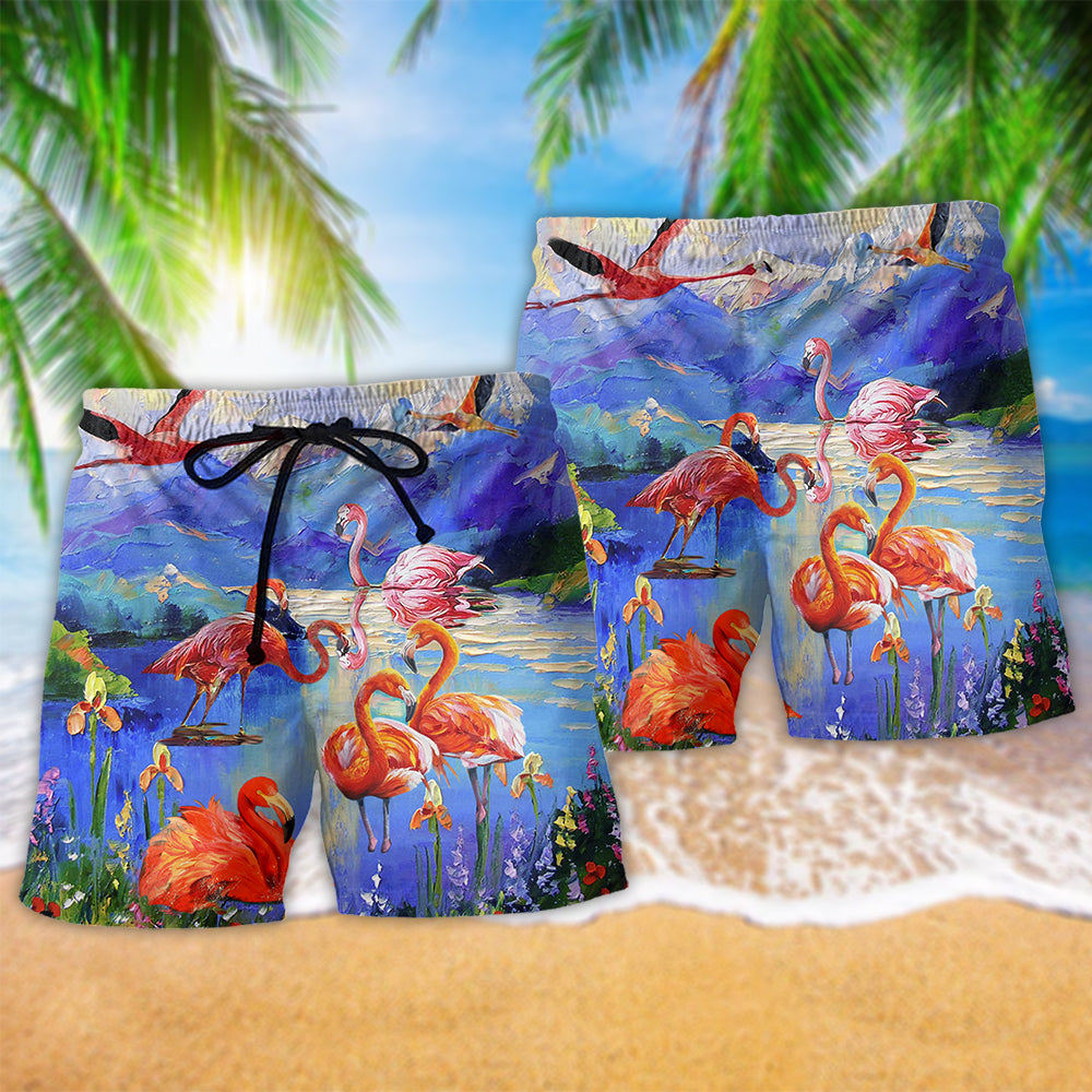 Flamingo Fly Hawaii Floral Beach Shorts Pattern Detail For Outdoor Activities And Warm Weather Wardrobe