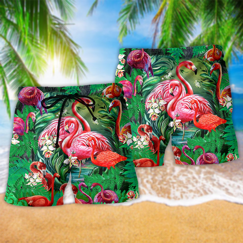 Floral Flamingo Beach Shorts Pattern Detail For Resort Wear And Easygoing Coastal Style