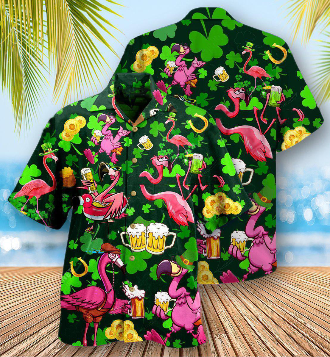 Vintage Irish Flamingo Beer Party Hawaiian Shirt Artwork Detail For Tropical Trips And Casual Outings