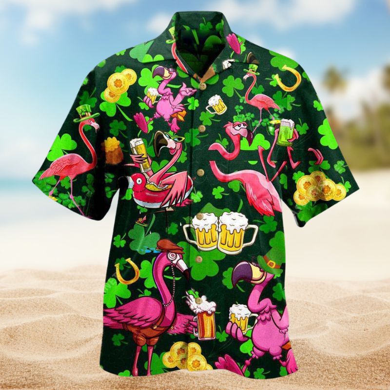 Flamingo Craft Beer Saint Patrick's Pattern Hawaiian Shirt For Summer Vacation Beach Travel And Relaxed Casual Wear