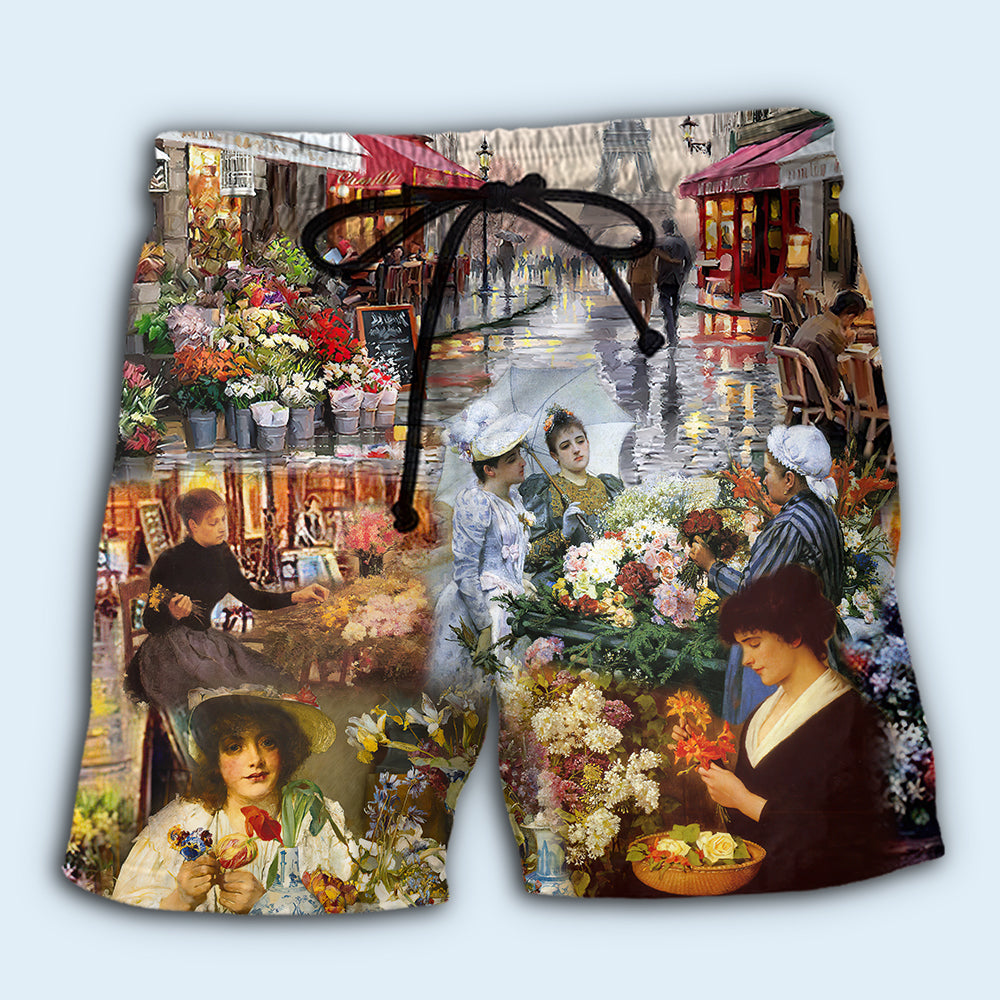 Paris Floral Florist Beach Shorts For Summer Vacation And Coastal Travel