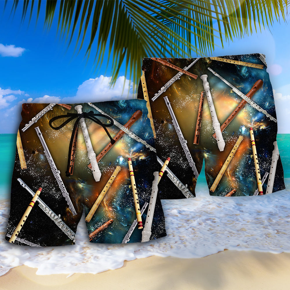Flute Galaxy Mysterious Music Beach Shorts Pattern View For Coastal Holidays And Casual Activities