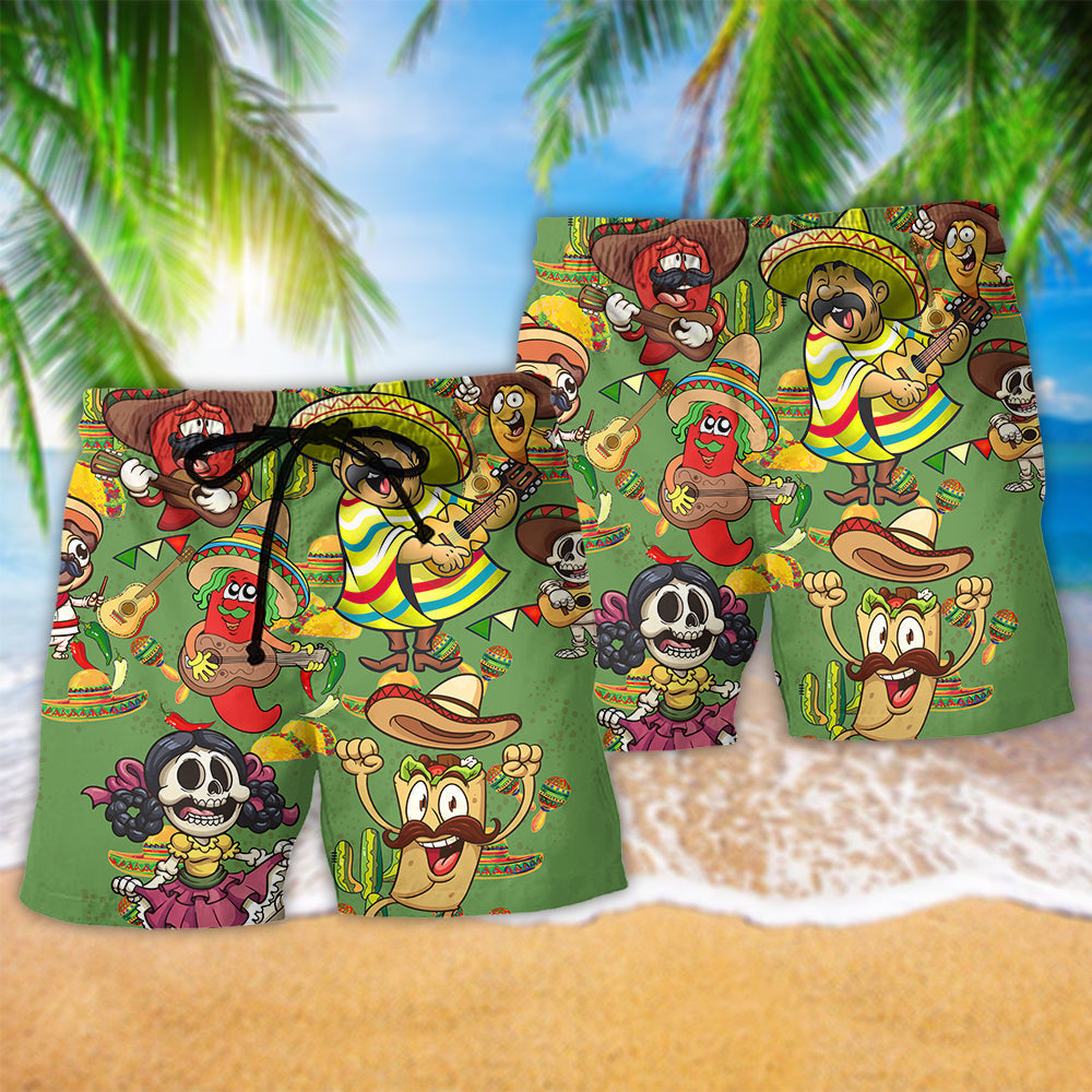 Food Love Mexican Culture Cute Colors Hawaiian Beach Shorts For Summer Parties And Vacation Wear