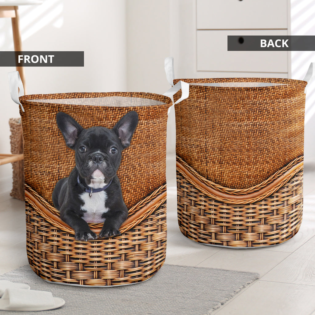 French Bulldog Rattan Texture Laundry Basket For Room Home Organizer