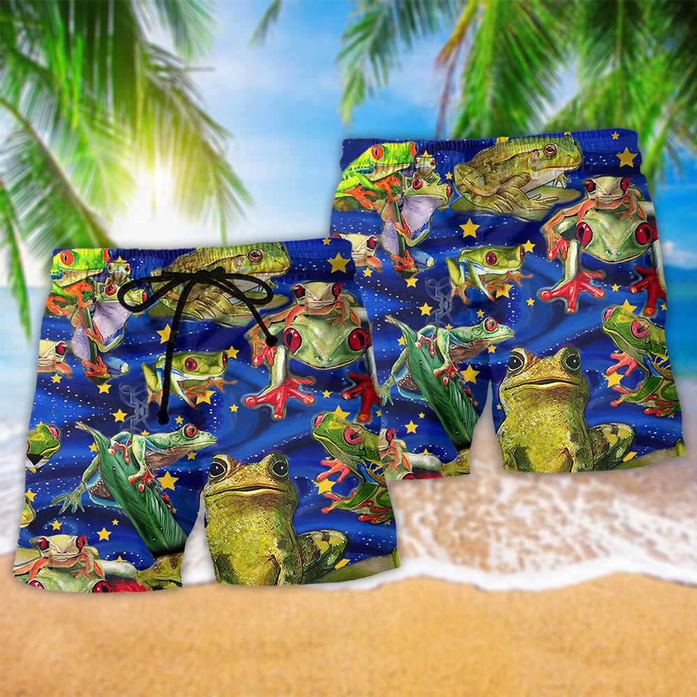 Christmas Dark Blue Frog Beach Shorts Pattern Detail For Poolside Fun And Bright Seasonal Outfits