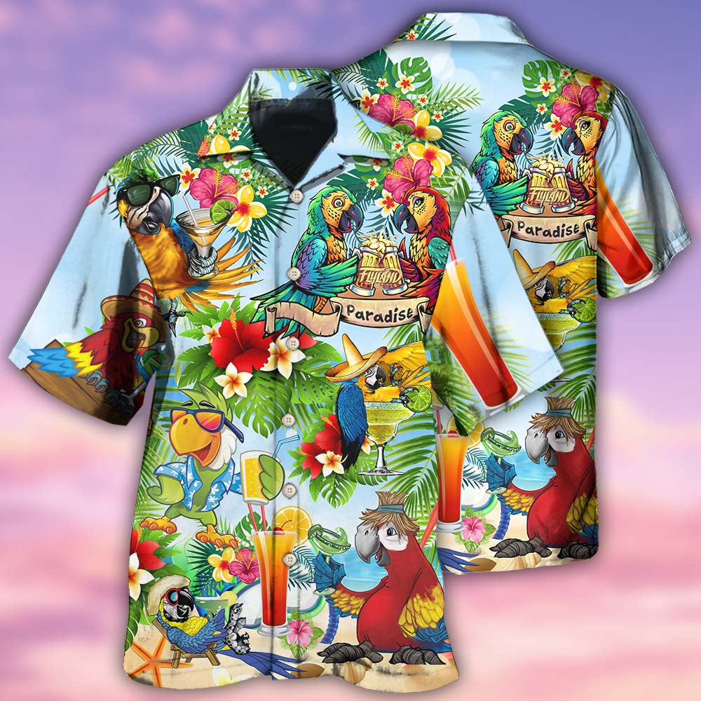 Parrot Happiness Hawaiian Shirt Artwork Detail For Resort Trips And Outdoor Activities