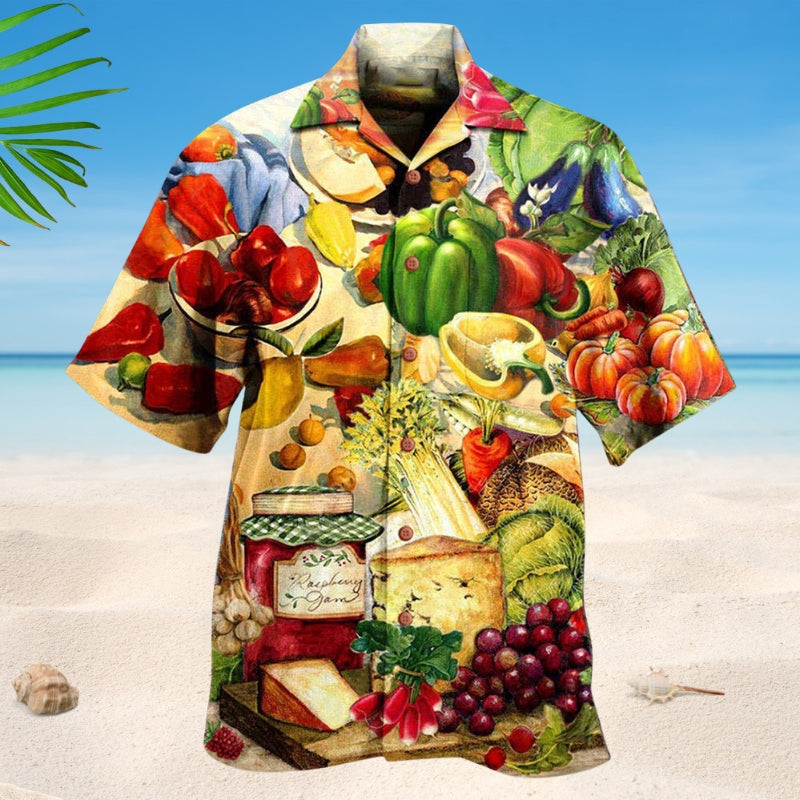Vintage Fruit Vegetable Hawaiian Shirt For Tropical Holidays, Outdoor Gatherings, And Everyday Comfort