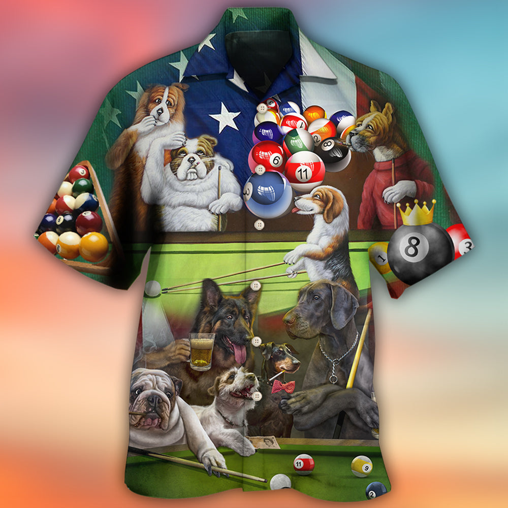Funny Billiard Independence Day Dogs Hawaiian Shirt Artwork Detail For Tropical Trips And Casual Outings