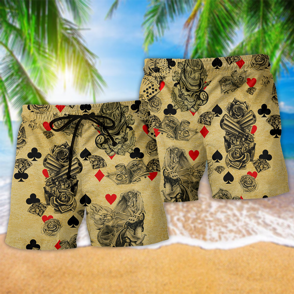 Floral Skull Poker Gambling Beach Shorts Pattern Detail For Holiday Travel And Flexible Everyday Wear