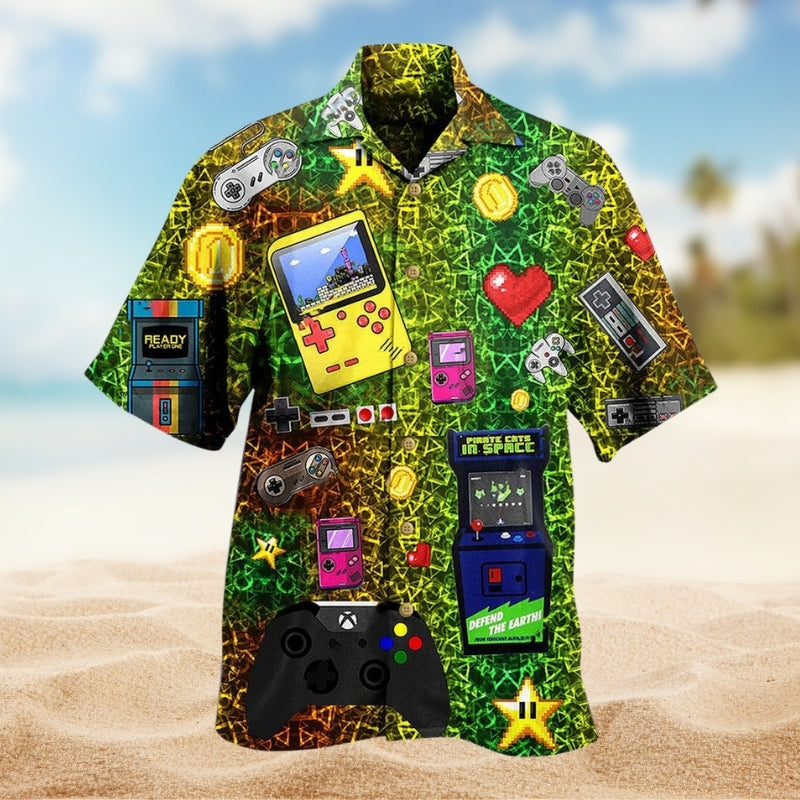 Game Creative Pattern Hawaiian Shirt For Summer Vacation, Beach Travel, And Casual Wear